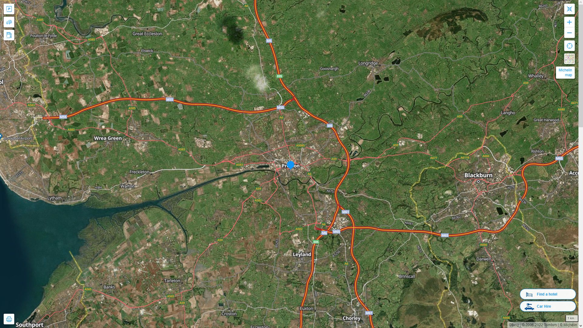 Preston Royaume Uni Autoroute et carte routiere avec vue satellite
